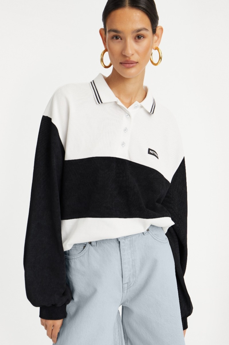 ROTATE Pique longsleeve polo Black and white
