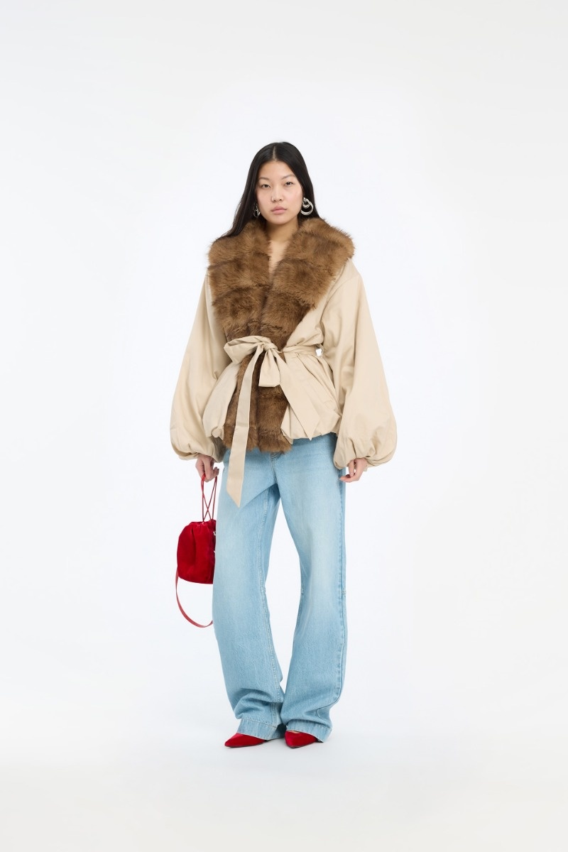 ROTATE Faux fur collar jacket Cement