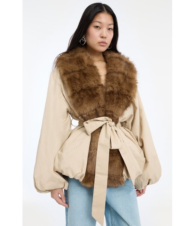 ROTATE Faux fur collar jacket Cement