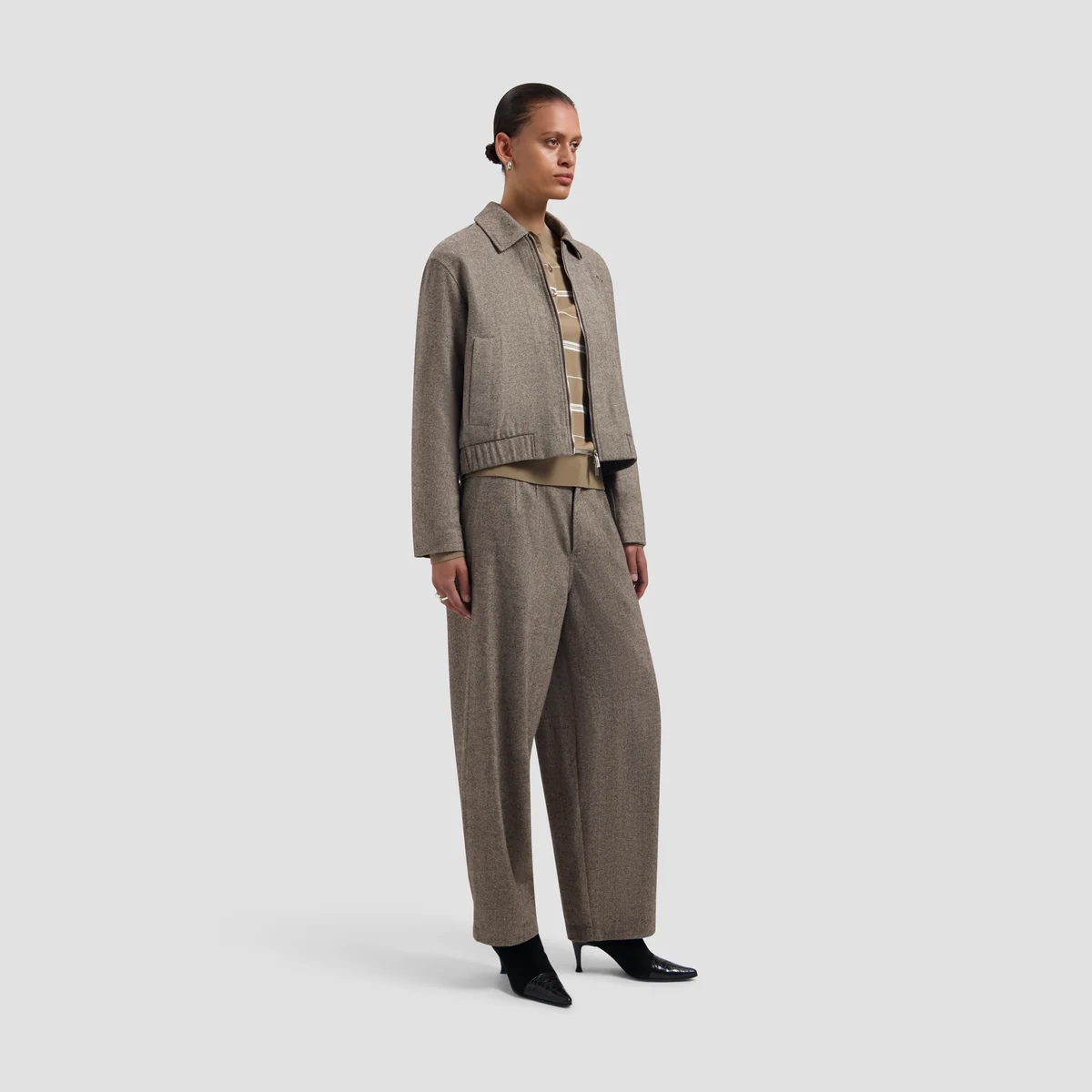 OLAF Wool herringbone barrel leg pant Chocolate chip