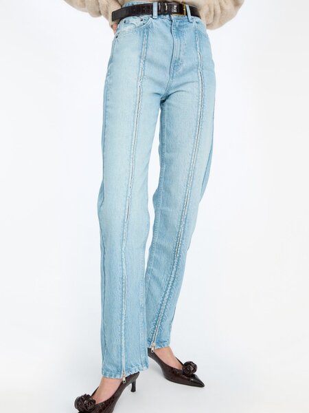 ROTATE Straight denim zip jeans Light blue denim