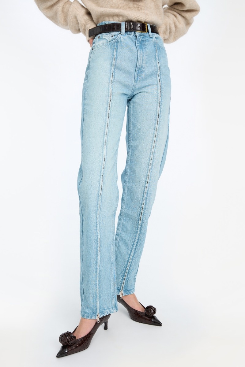 ROTATE Straight denim zip jeans Light blue denim