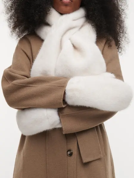 Studio AR Evalyn faux mink Mittens Ecru