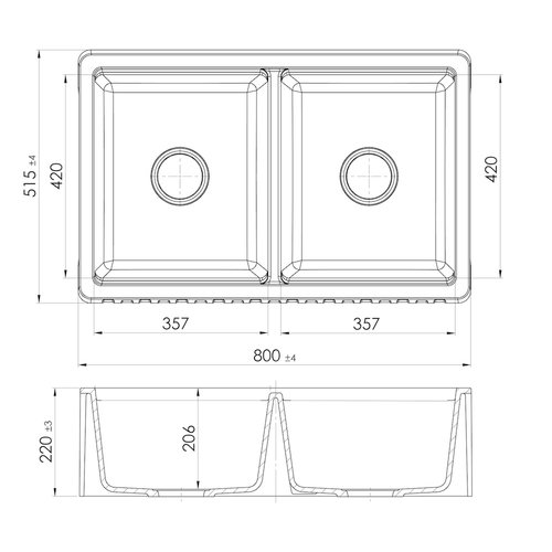 Caressi HOMESB029 Spoelbak 800x515x220 mm, Wit, Tussenbouw