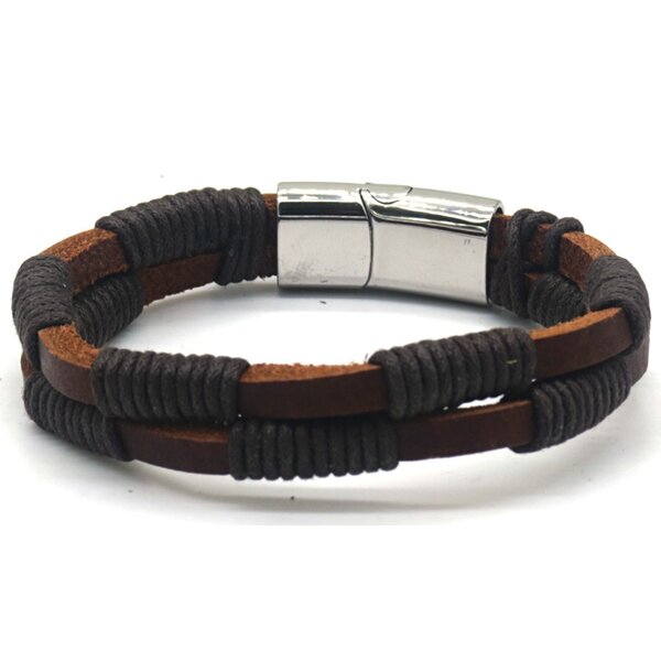 Musthaves Armband Heren - Bruin Leer - RVS Sluiting - Musthaves - 21 cm - Bruin - Zwart - Zilverkleurig