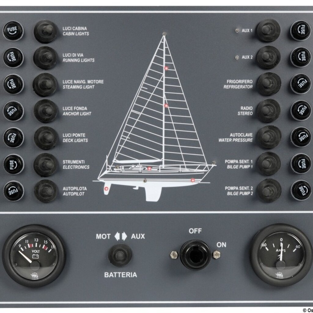 Osculati Schakelpaneel Uitgerust met voltmeter en ampèremeter, en batterij-isolator