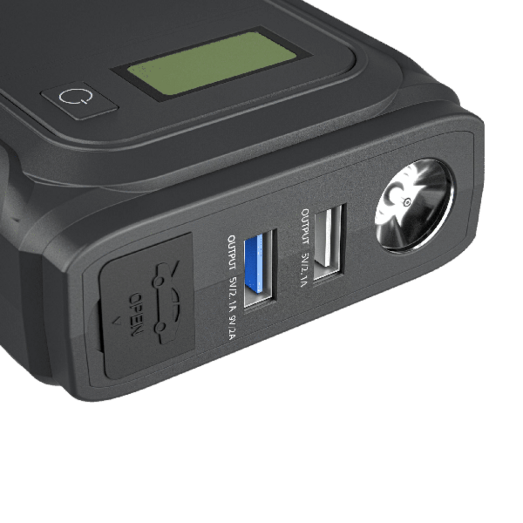 Draagbare powerbank startbooster, Qi-lader, zaklamp