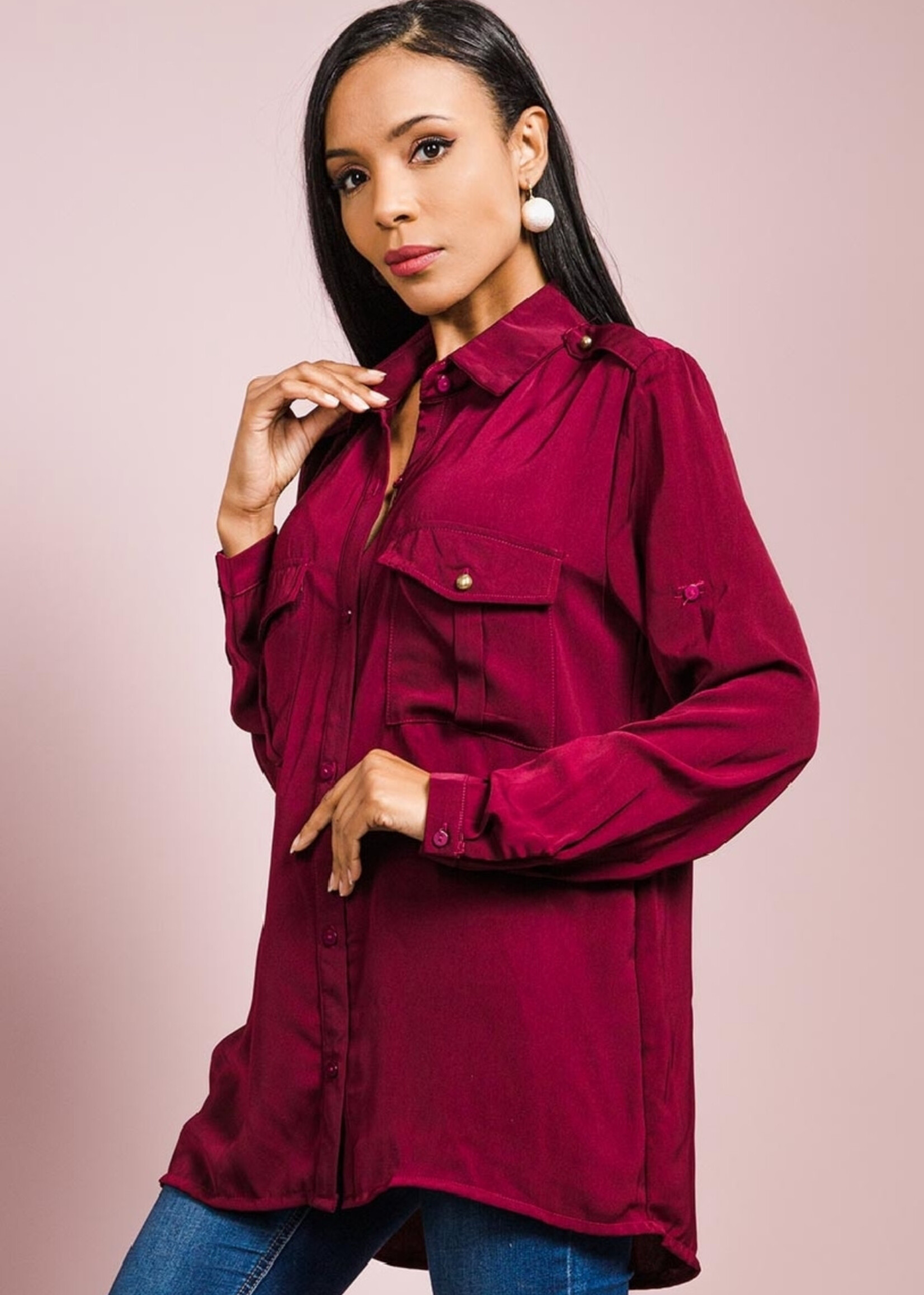 CHEMISE SATIN UNI - POCHES