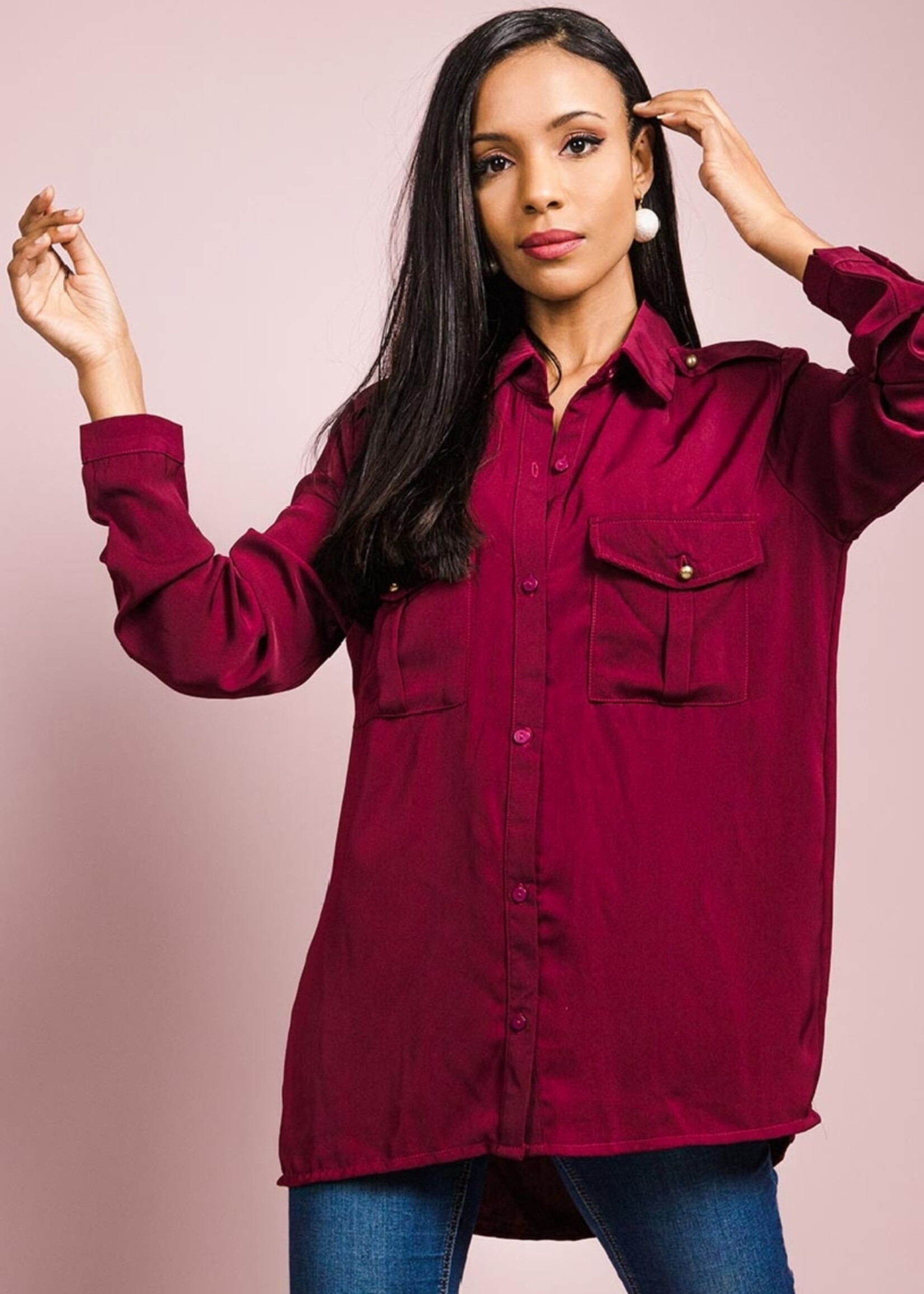 CHEMISE SATIN UNI - POCHES