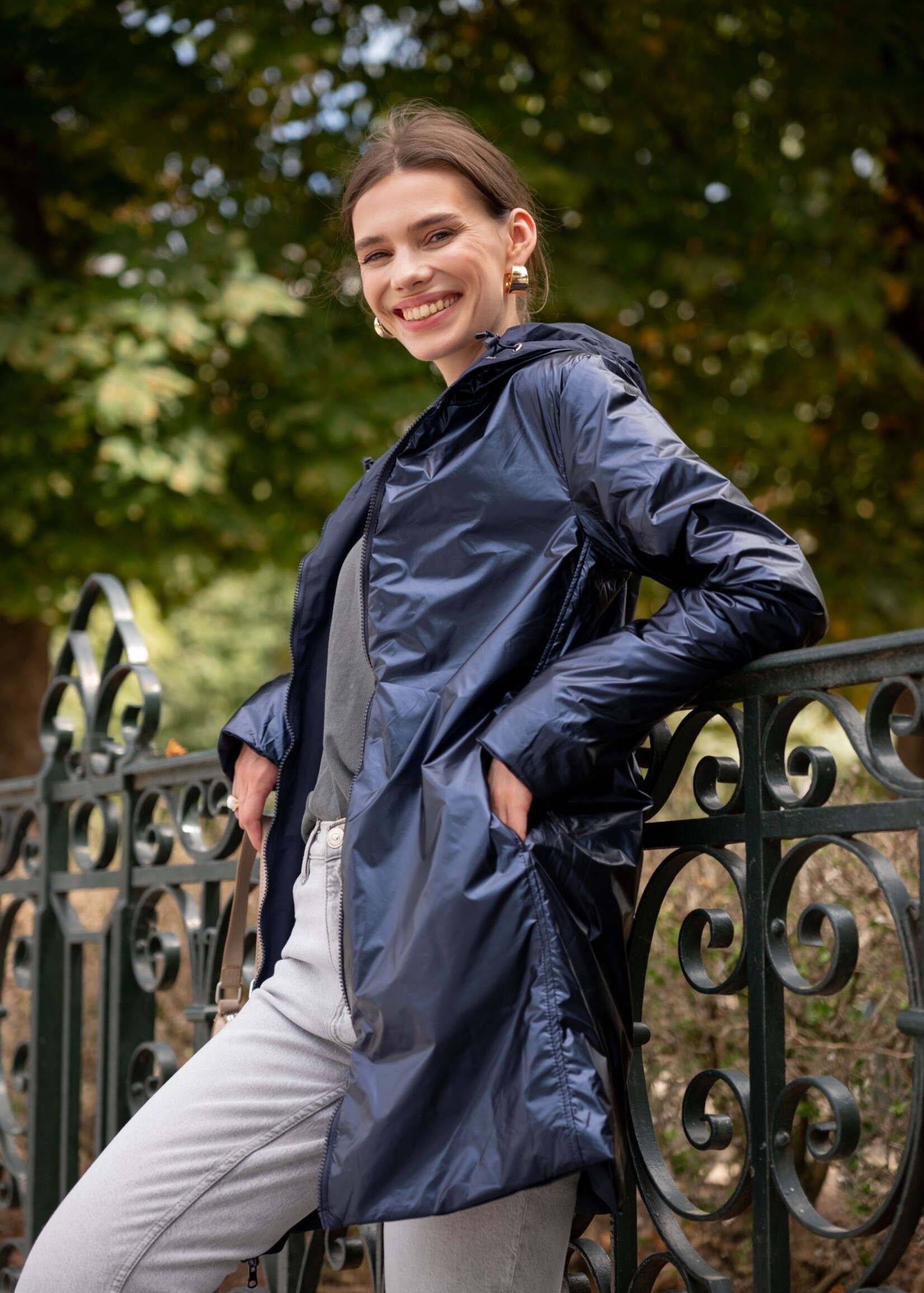 laura jo Imperméable réversible long mi-saison brillant