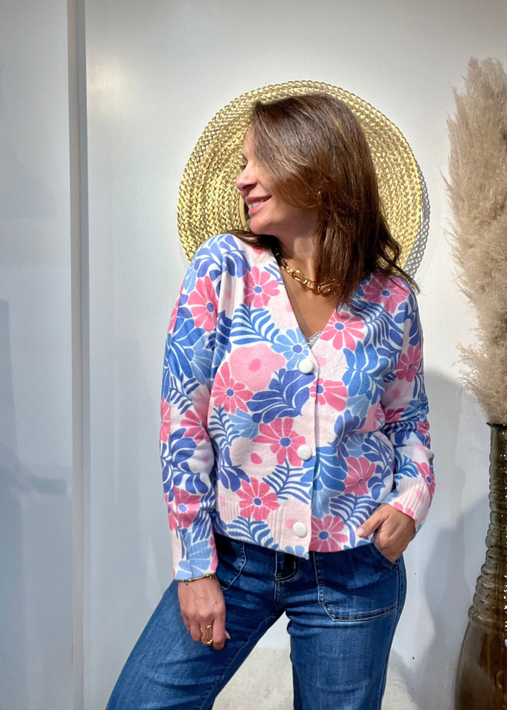 GEBLOEMD VEST IN BLAUW/ROZE-ÉÉN MAAT