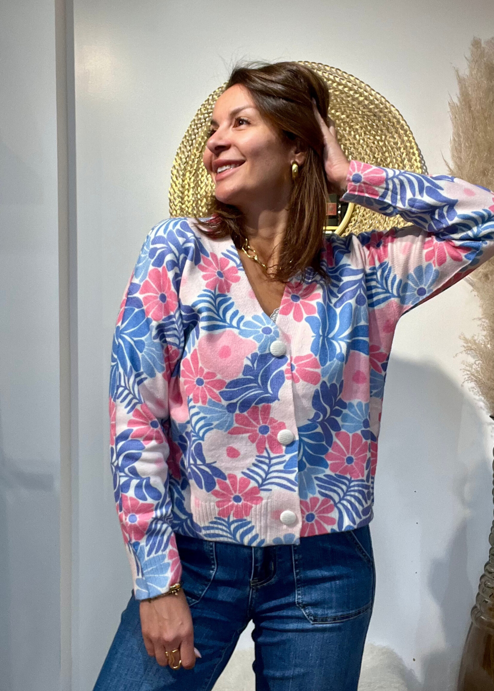 GEBLOEMD VEST IN BLAUW/ROZE-ÉÉN MAAT