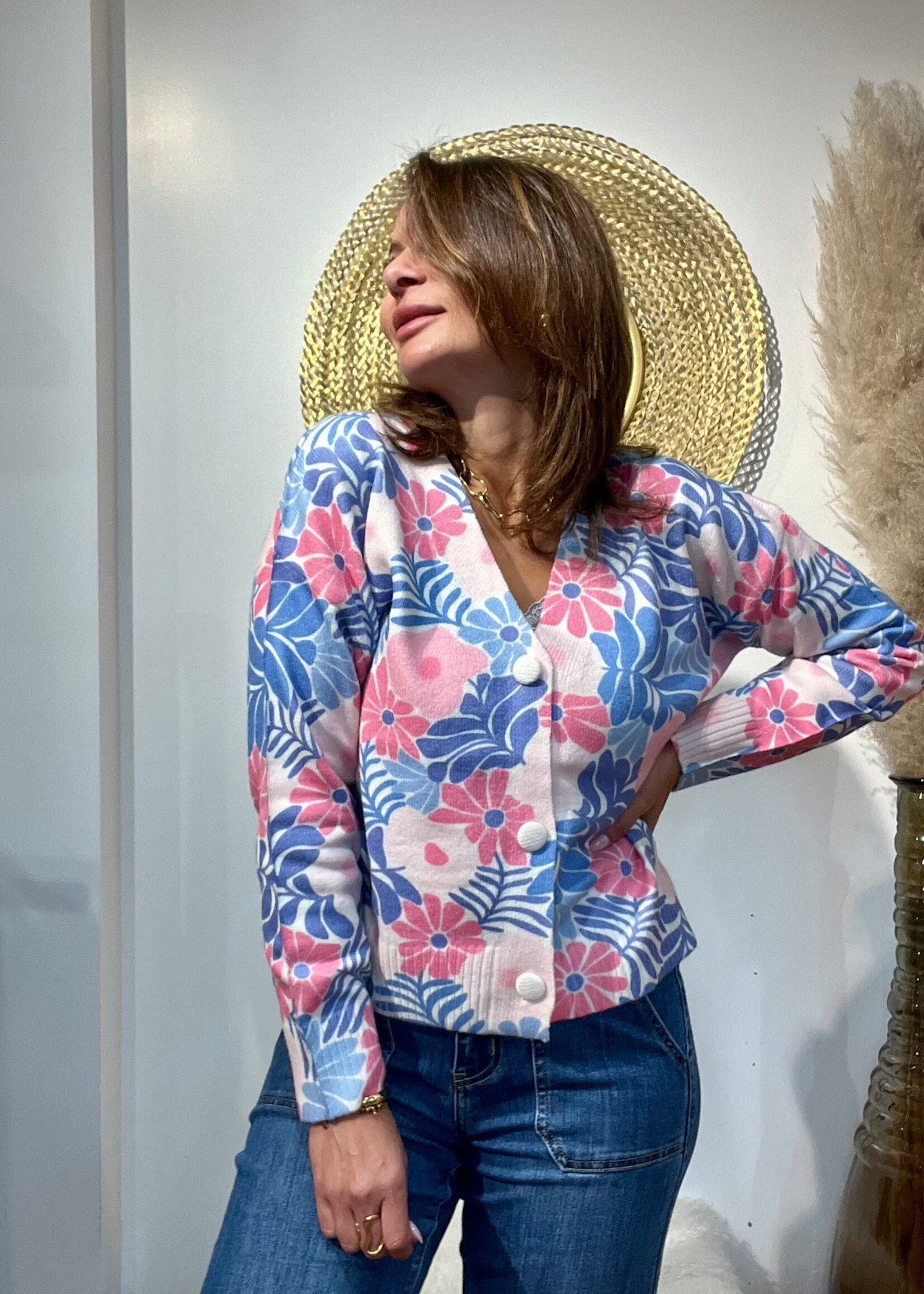 GEBLOEMD VEST IN BLAUW/ROZE-ÉÉN MAAT