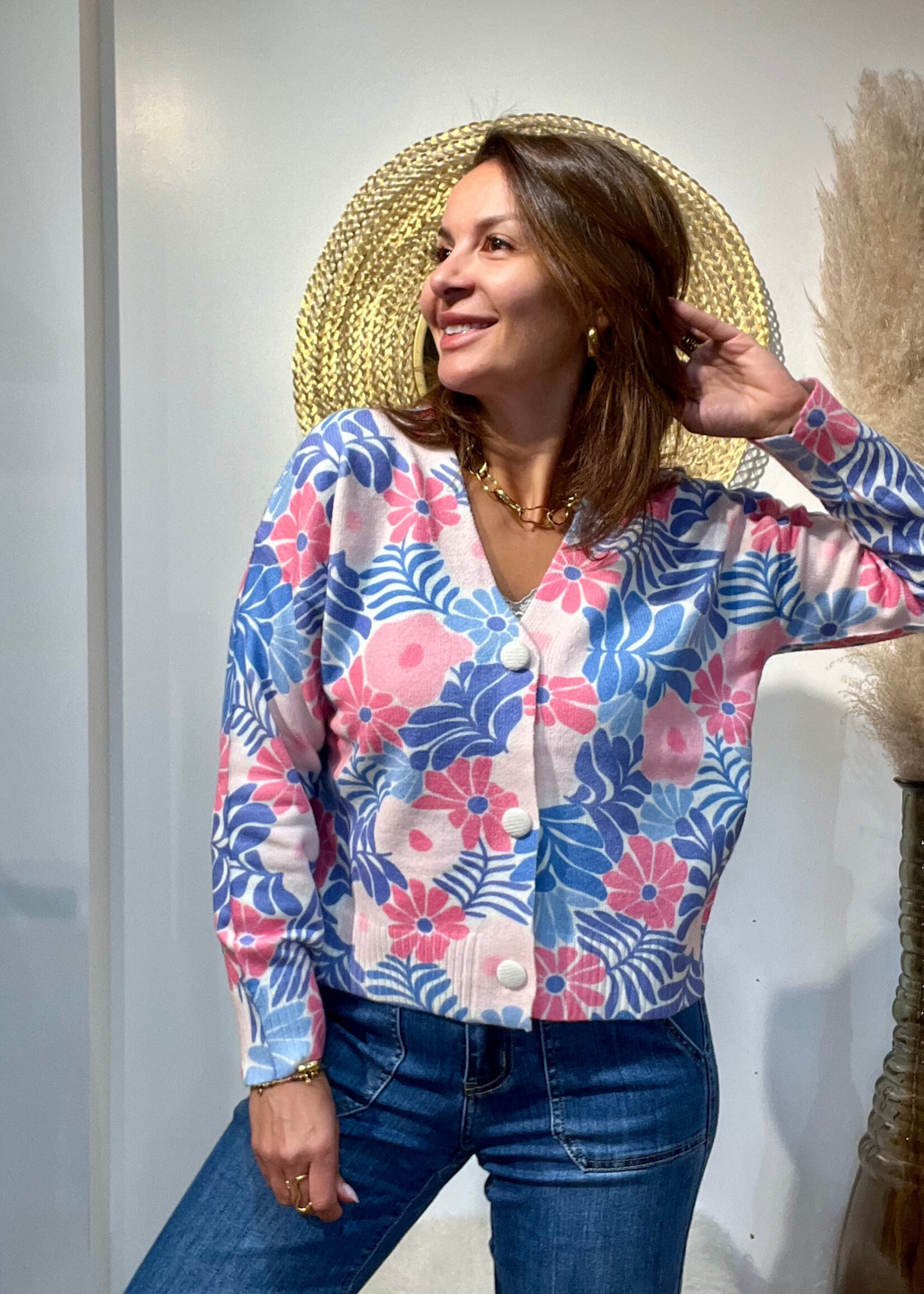 GEBLOEMD VEST IN BLAUW/ROZE-ÉÉN MAAT