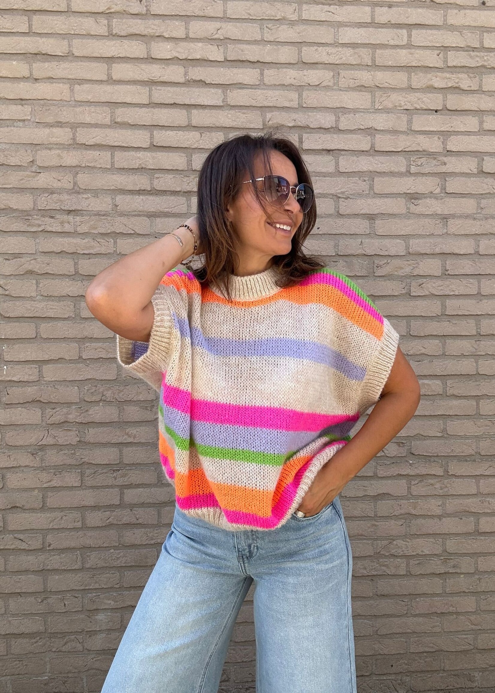 Mouwloze trui met multicolor strepen – Kleur & trendy stijl - One size