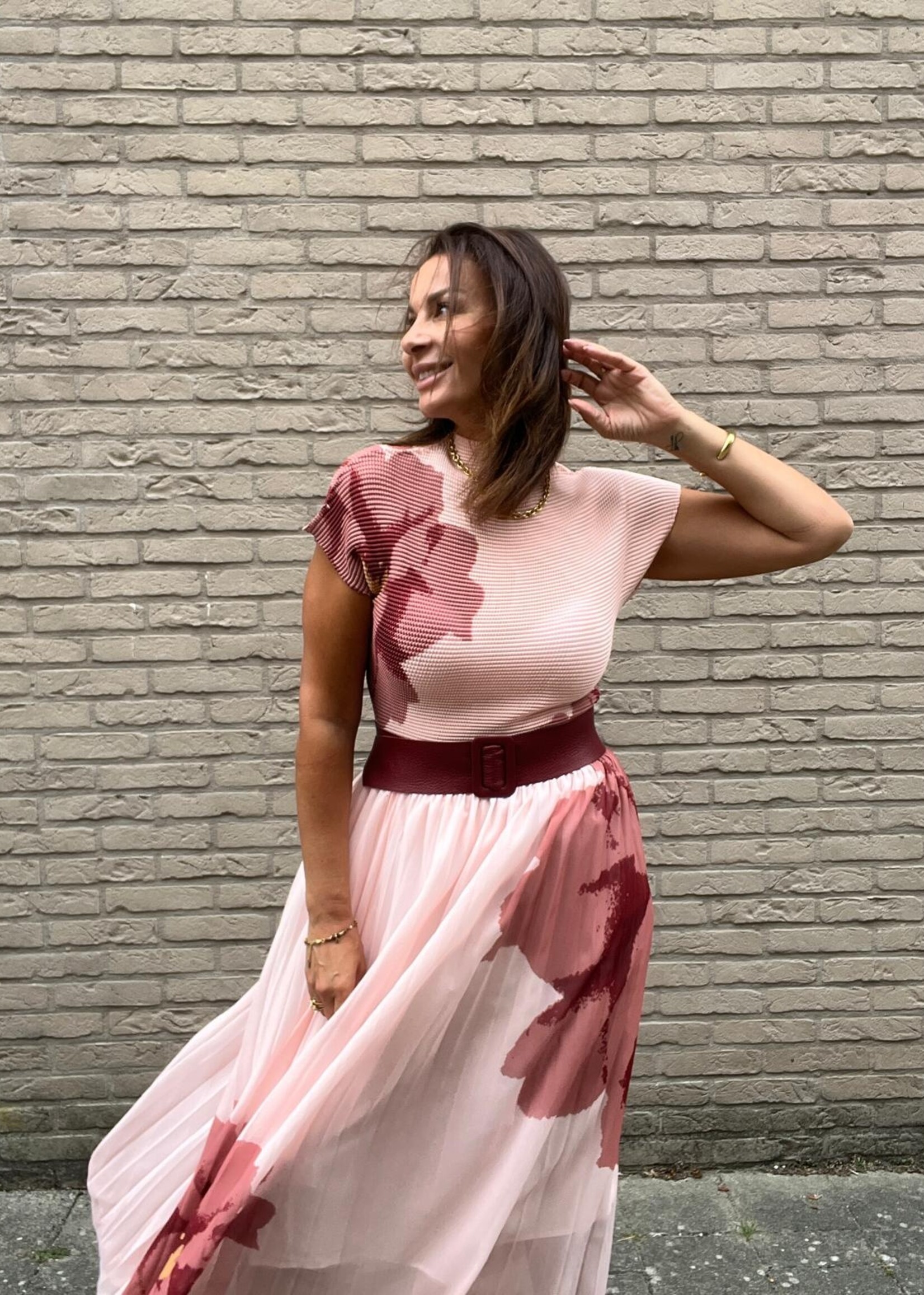 Roze geplooide top met bloemenmotief - One size