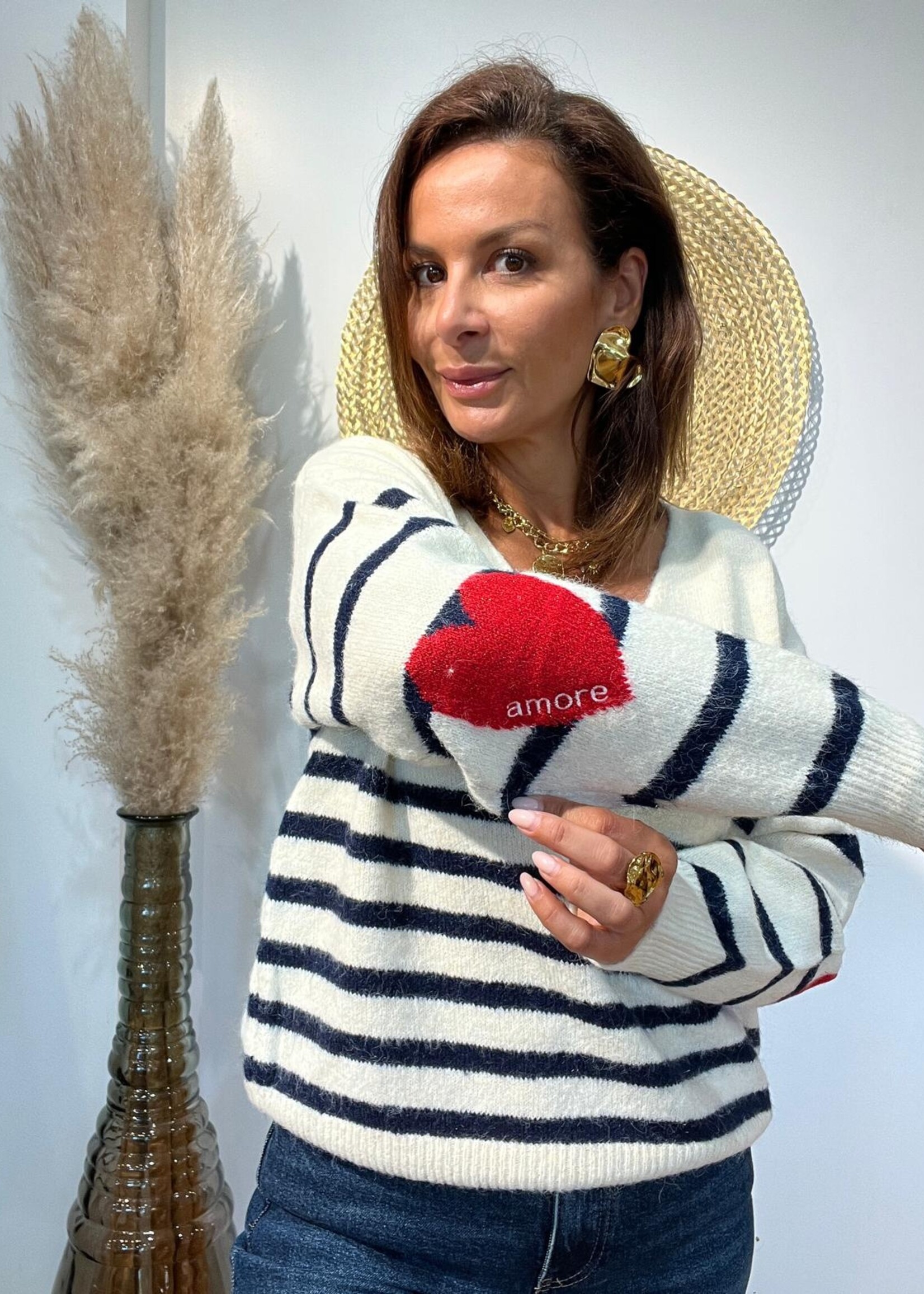 Pull marinière col V – Détails coudes cœur – ONE SIZE