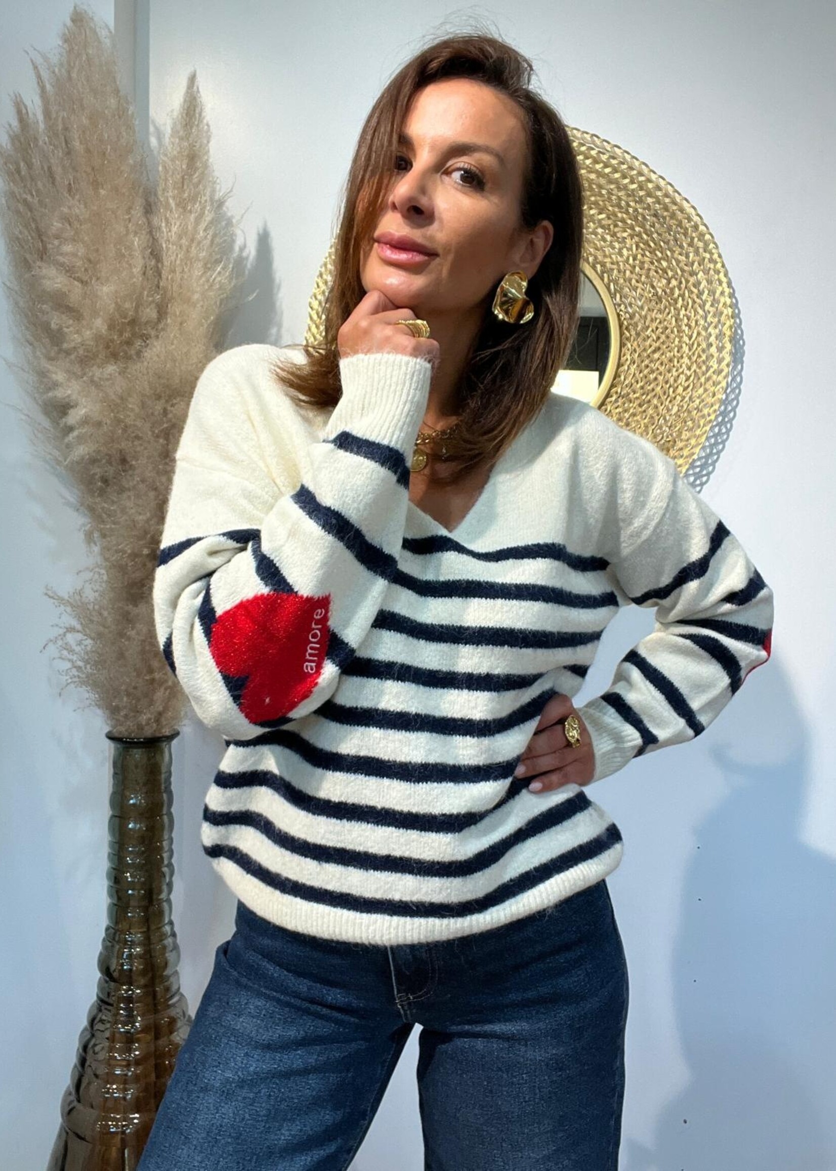 Pull marinière col V – Détails coudes cœur – ONE SIZE
