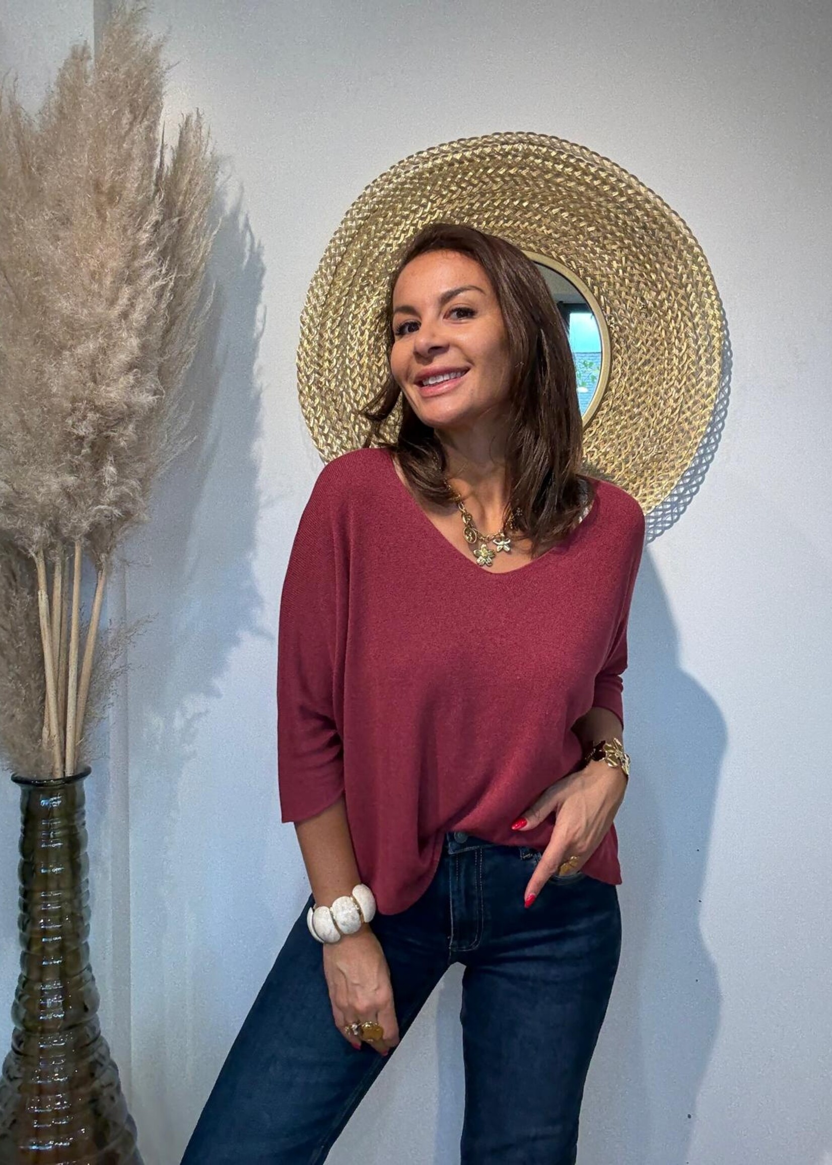 Lichte V-hals Trui – Framboos, Marineblauw & Choco