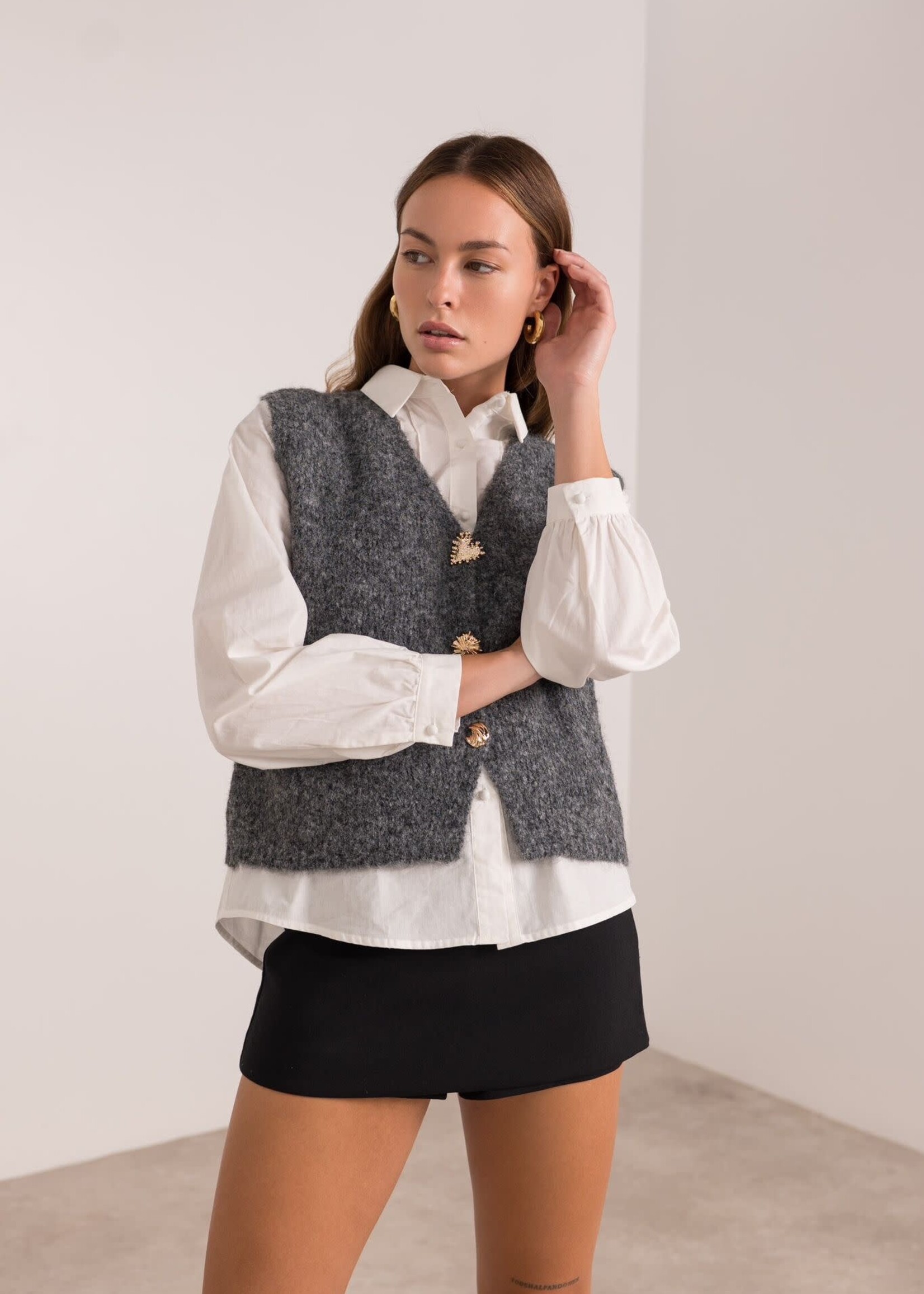 Mouwloos grijs vest met gouden knopen. Elegant en makkelijk te combineren, one size.