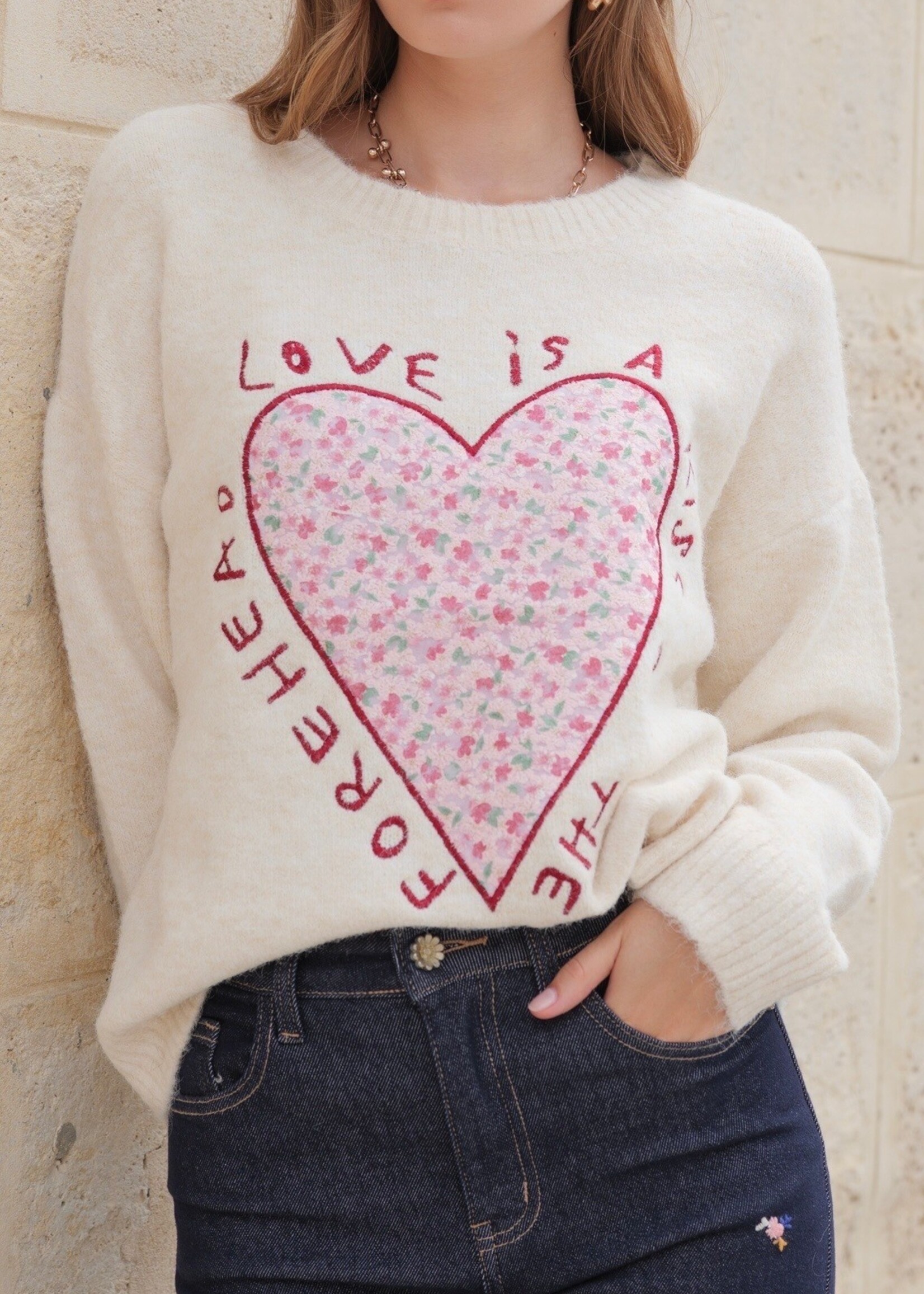 TRUI ECRU LOVE HART GEBRODEERD - ONE SIZE