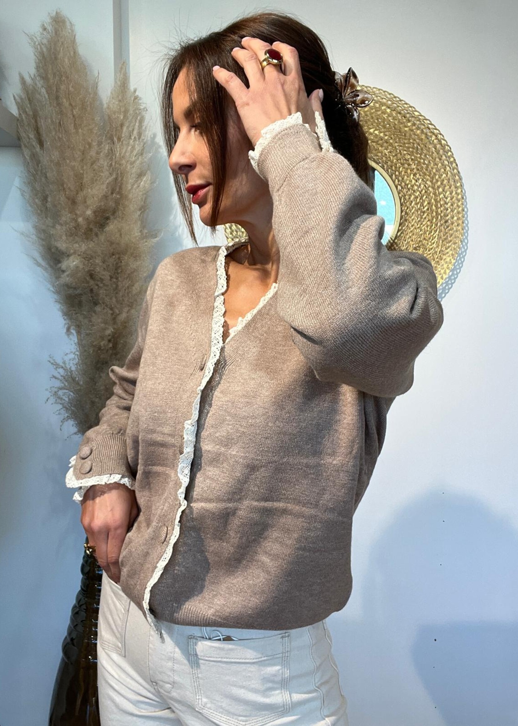PULL TAUPE COL-V EN DENTELLE - ONE SIZE