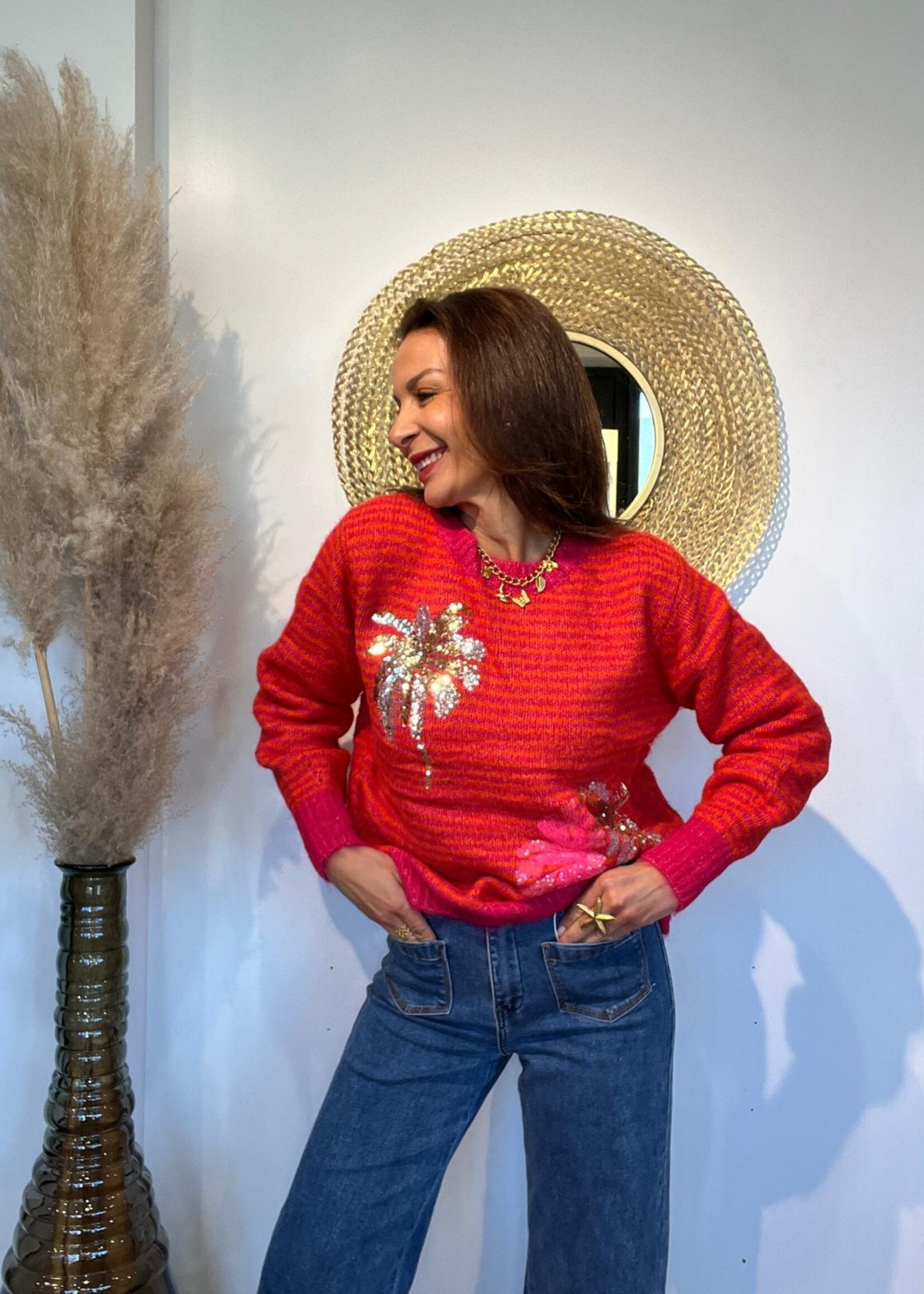 PULL ORANGE LIGNÉ PALMIER STRASS- ONE SIZE