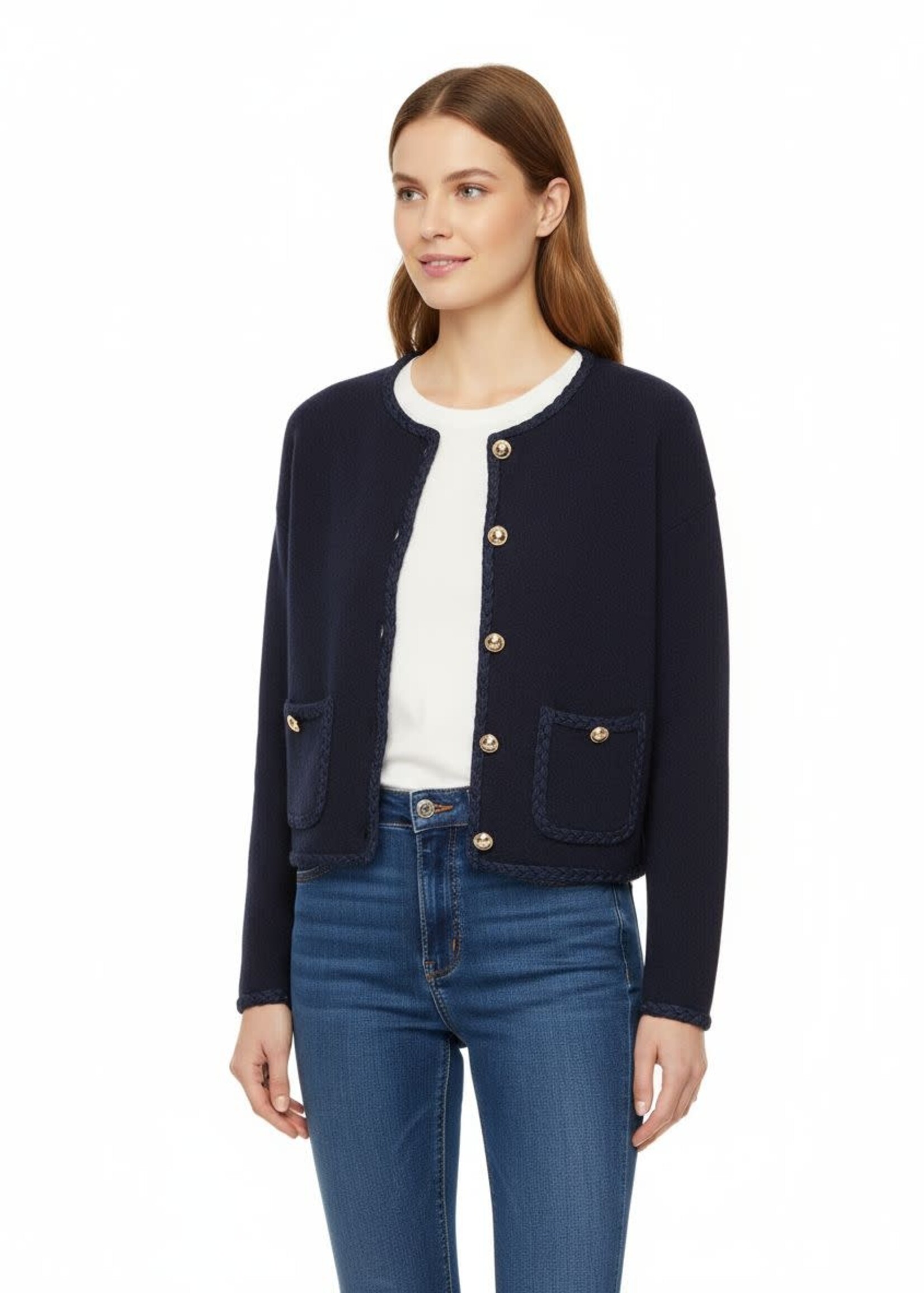 GILET MARINE- BOUTONS DORÉS ET POCHES - ONE SIZE