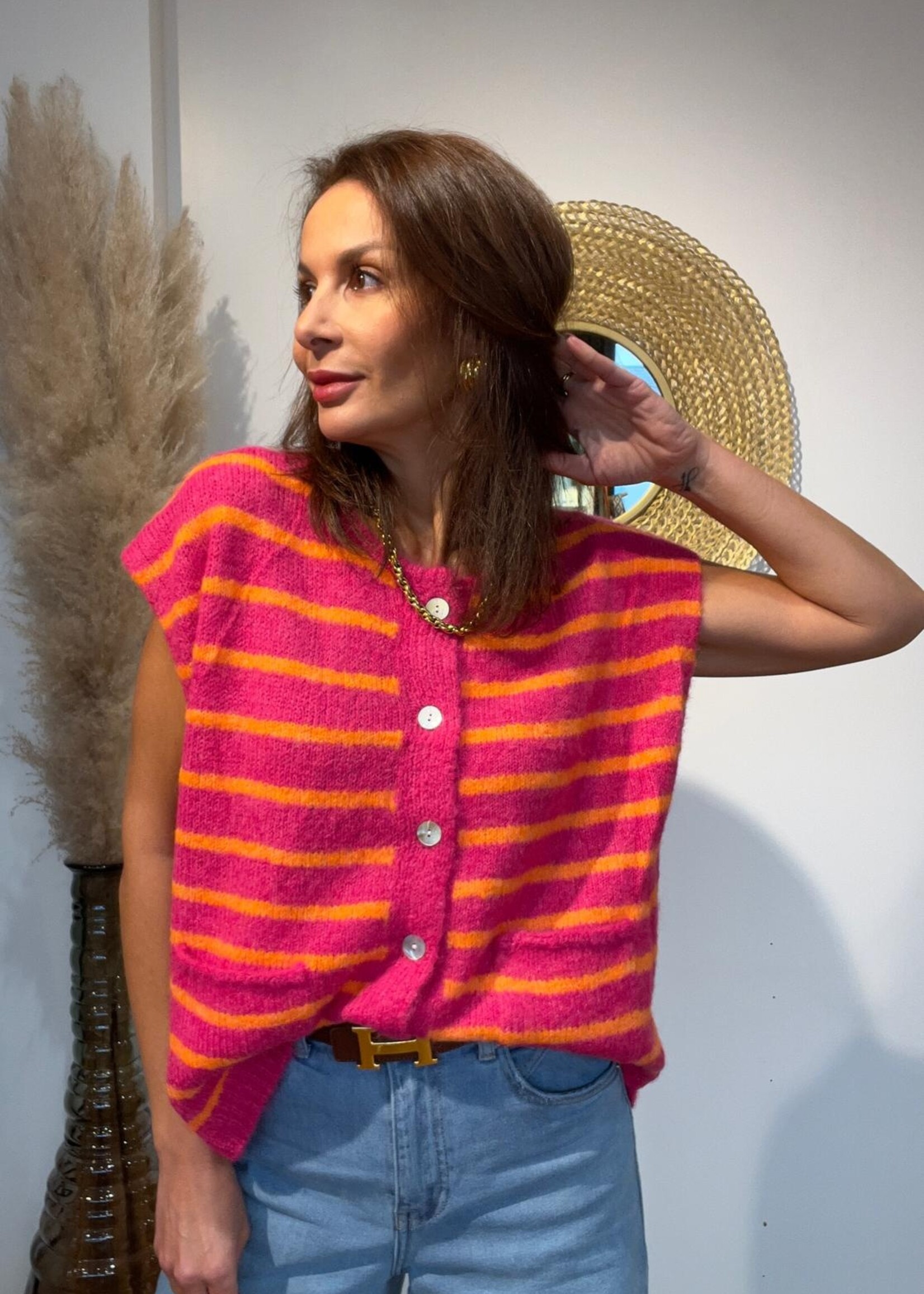 GILET SANS MANCHES RAYURES ROSE ORANGE - ONE SIZE