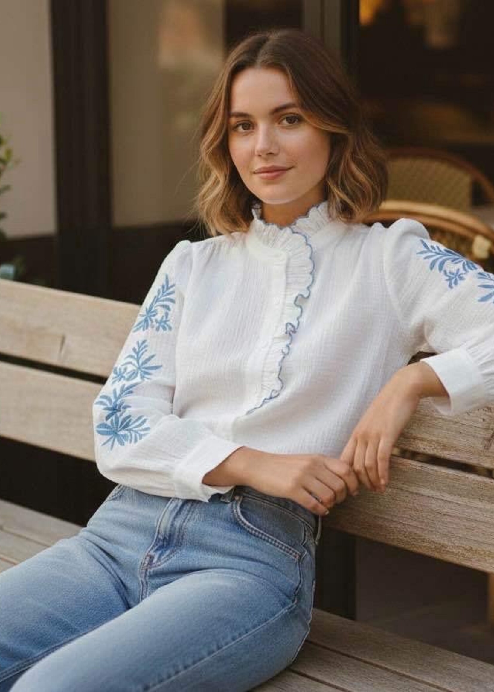CHEMISE COL MAO-GAZE DE COTON-BRODERIE