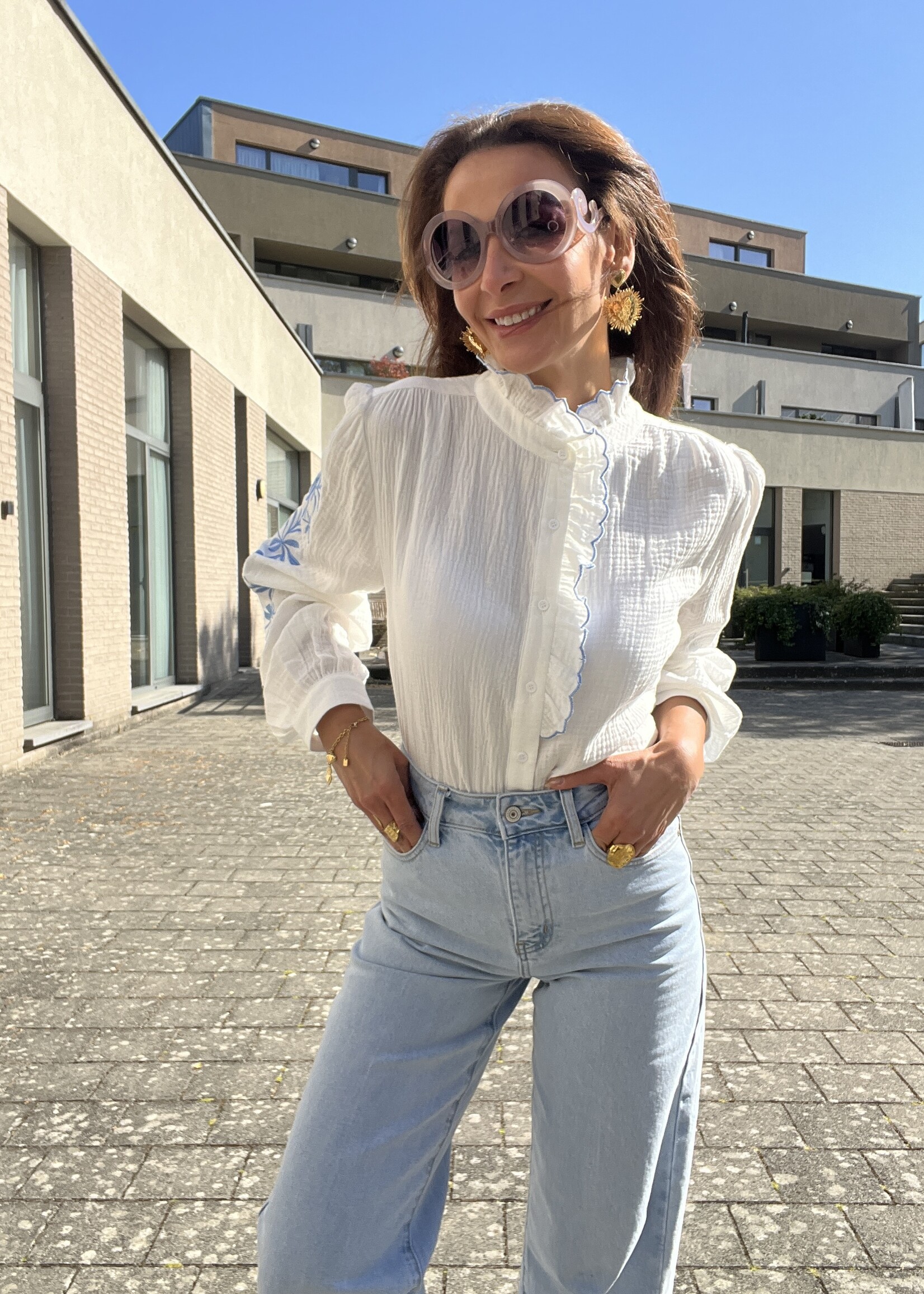 CHEMISE COL MAO-GAZE DE COTON-BRODERIE