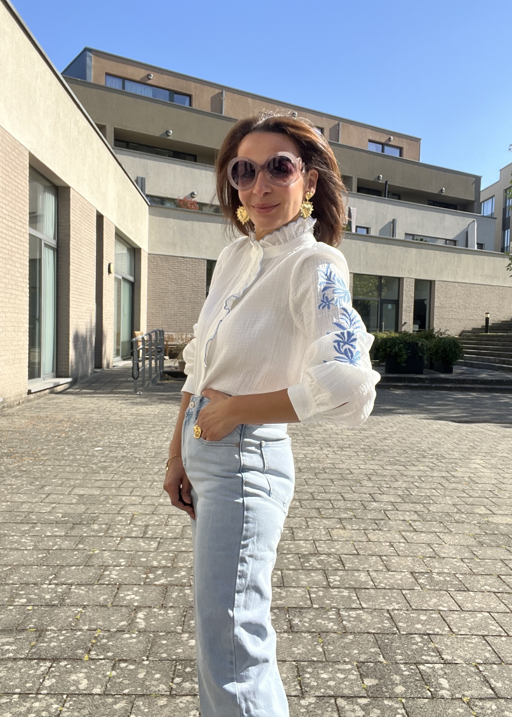 CHEMISE COL MAO-GAZE DE COTON-BRODERIE