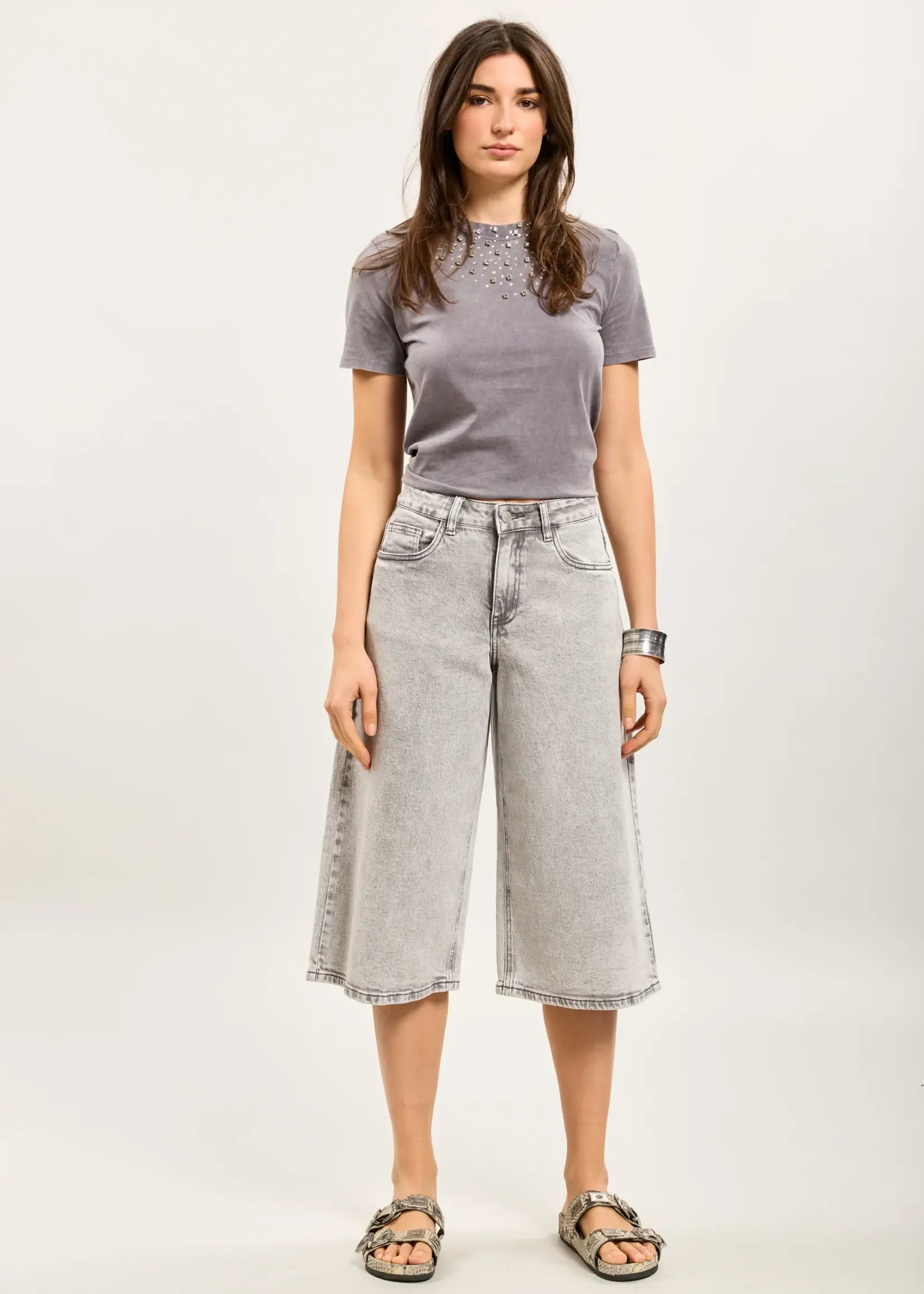 TOXIK3 Bermuda en denim stretch gris clair – Coupe ample