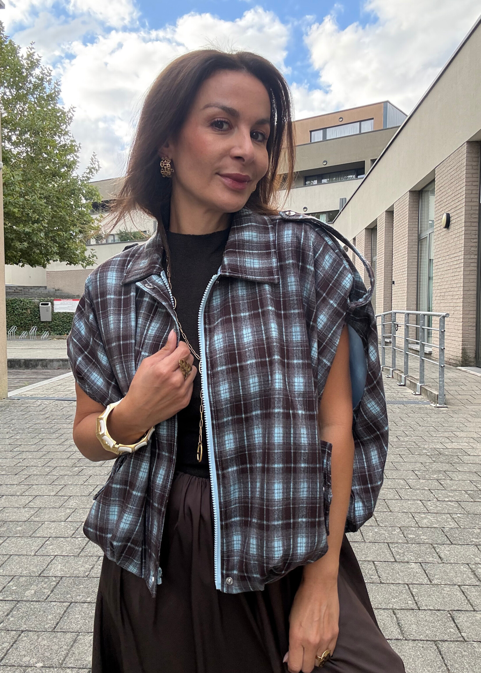 Veste sans manches à carreaux chocolat - taille unique
