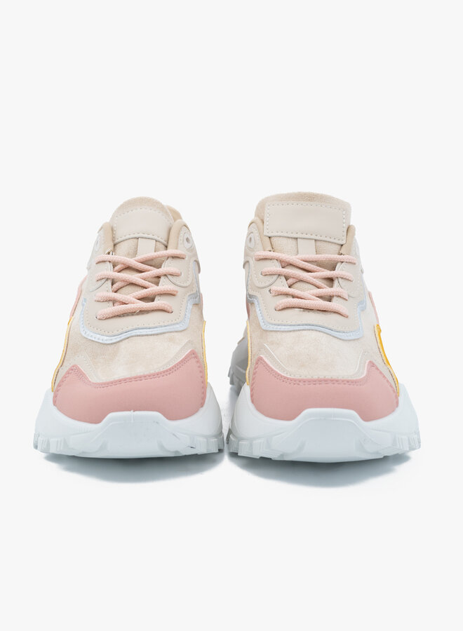 Sneakers beige met roze/oranje