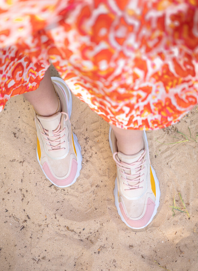 Sneakers beige met roze/oranje