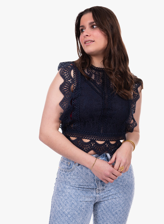 Mouwloze top broderie marine