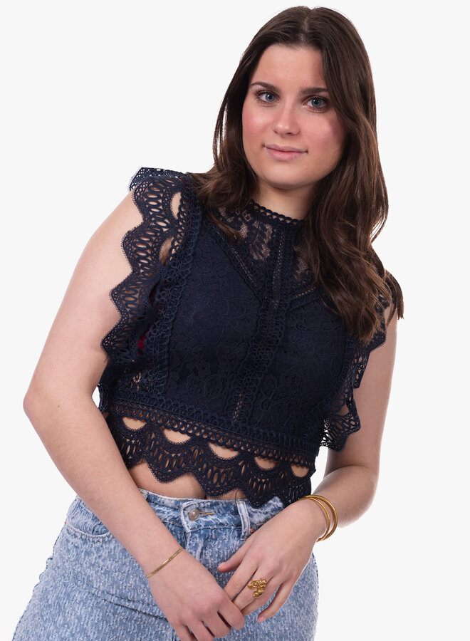 Mouwloze top broderie marine