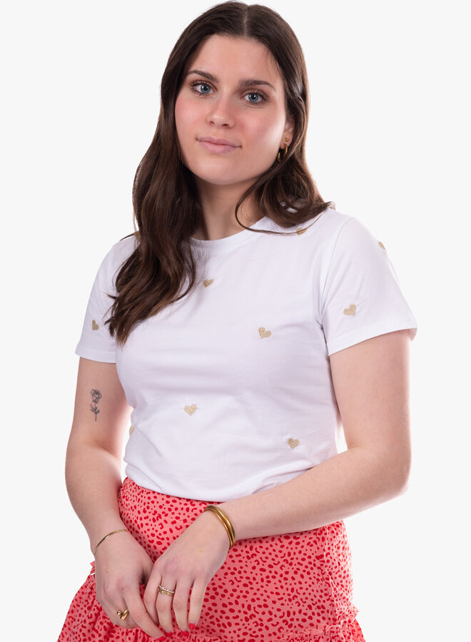 Shirt met geborduurde hartjes overal goud