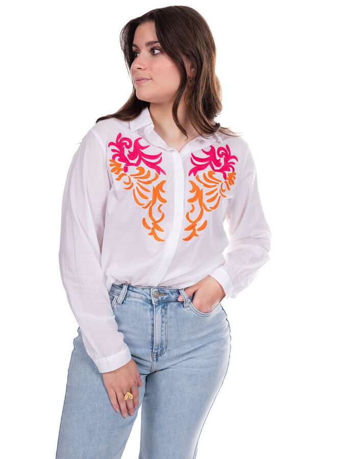 Katoenen blouse geborduurd wit