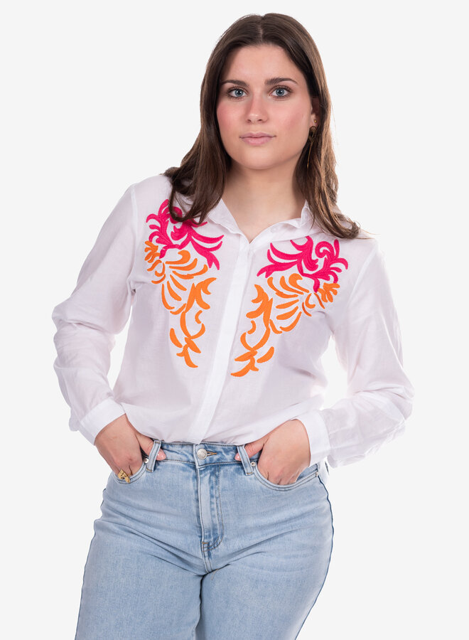 Katoenen blouse geborduurd wit