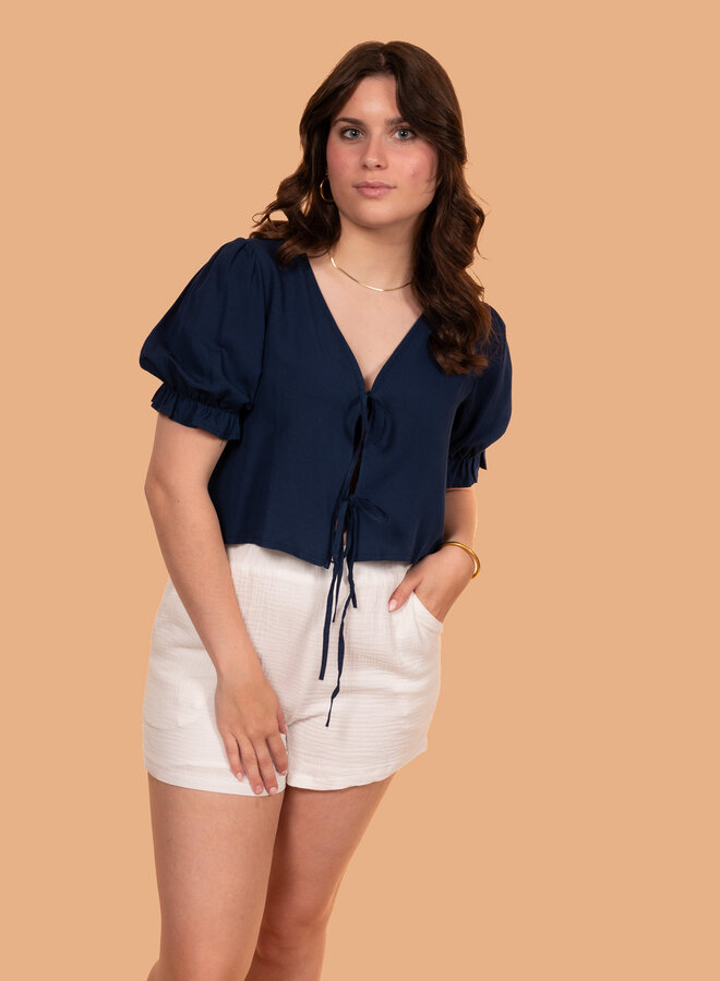 Strikjes top linnen blend blauw