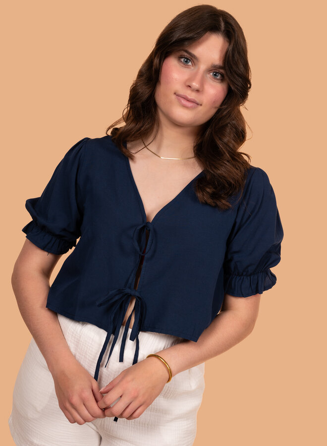 Strikjes top linnen blend blauw