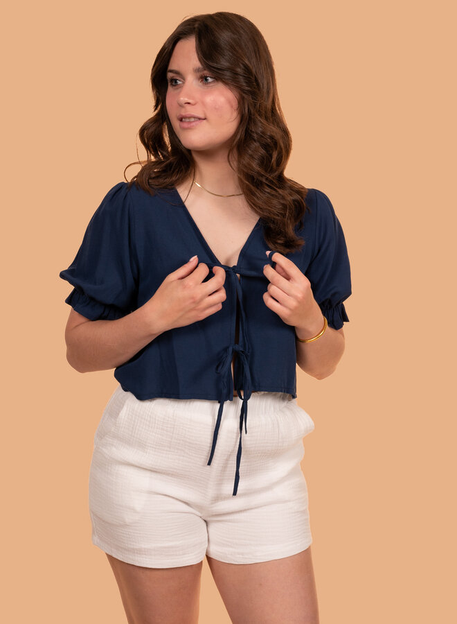 Strikjes top linnen blend blauw