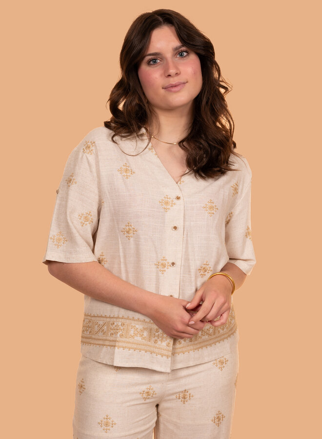 Linnen blend blouse patroon beige