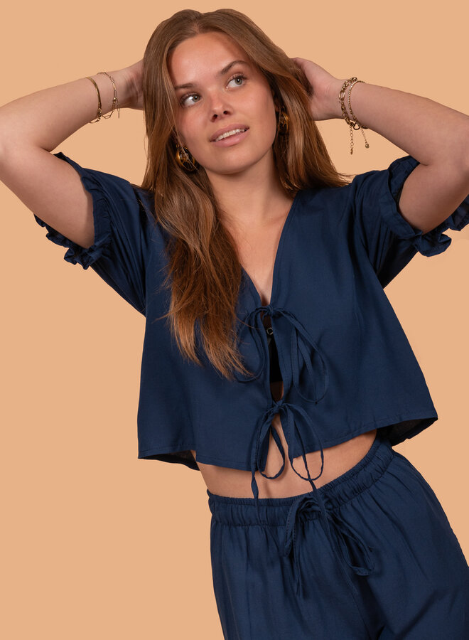 Strikjes top linnen blend blauw