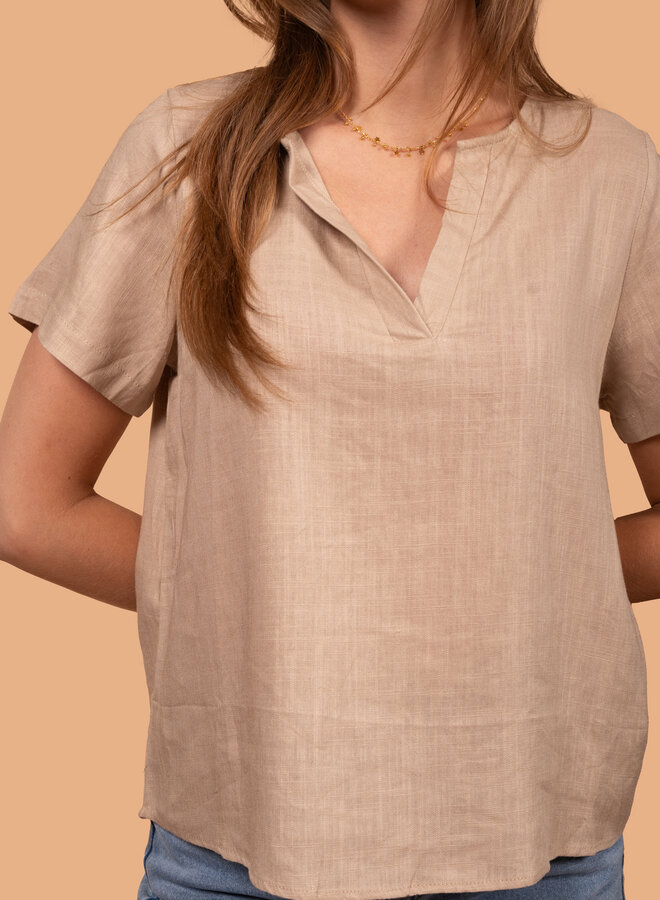 Linnen blend top met V-hals beige
