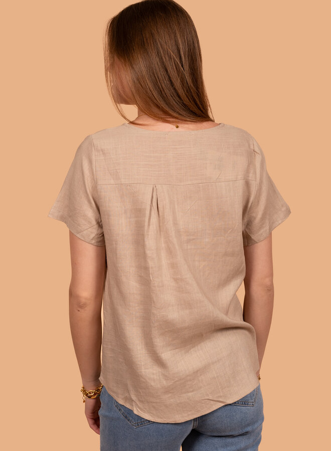 Linnen blend top met V-hals beige