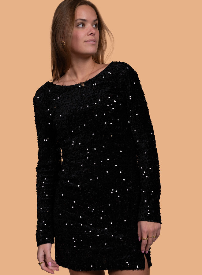 Zwarte glitter jurk met open rug