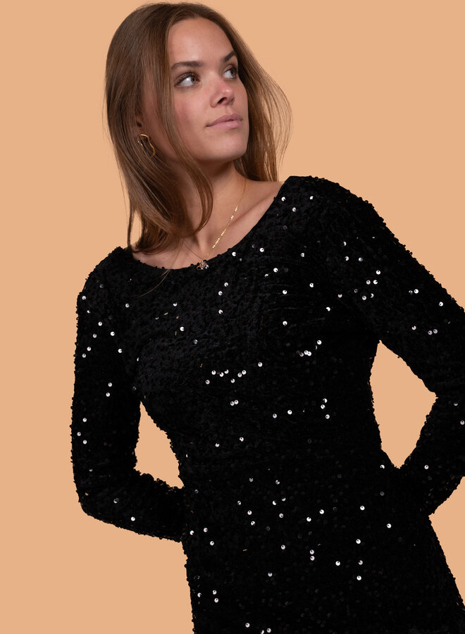 Zwarte glitter jurk met open rug